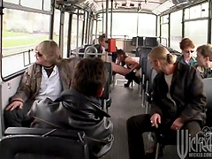 Unashamed anal sex in public bus with a Milf in fishnets