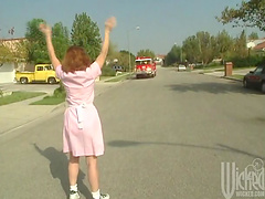 Fake tits blonde with nice ass pays tribute to firemen in hardcore MMF threesome