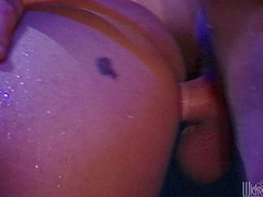 Babe with fake tits gets fucked in the rain after sucking dick