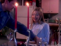 Long hair cougar gives ball licking blowjob moaning in orgasm in kitchen