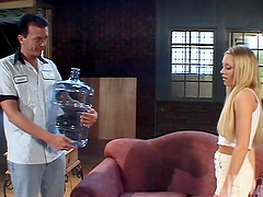 Dazzling blonde in white sneakers and knee highs gets a facial