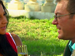 Long Hair brunette with big tits and shaved pussy gets fucked hard by an old man