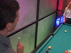 Blonde in red high heels gets anally fucked on pool table