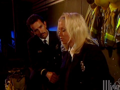 Tanlined shaved pussy of a busty Milf rammed by boyfriend's dick