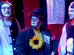 Tattooed Asian hottie gives the clown a steamy deepthroat blowjob