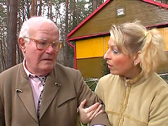 A sexy chick sucks then then rides this lucky older guy