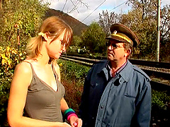 A redhead in pigtails gets drilled by an older guy