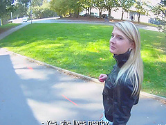 Russian blonde's wet and wild pussy gets slammed in a hard bang outdoor scene