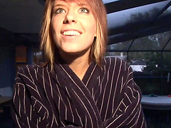 Slim short-haired girl washes her shaved pussy in the shower