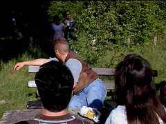 Angelic cowgirl awarding her guy with blowjob in the forest