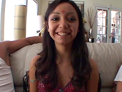 Lovely babe with long hair getting her shaved pussy drilled hardcore in mmf sex