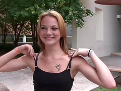 Babe in jeans on the balcony stripping down and flashing tits and ass