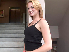 Babe in jeans on the balcony stripping down and flashing tits and ass