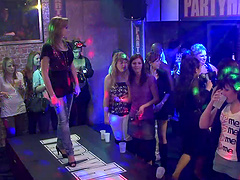 Randy cock sucking slut in group party stripping and fucking