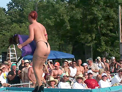 Hot sexy babes outdoor having fun at the party in stockings and thongs