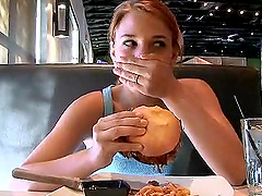 Flirty chick gladly flashes her nipples at a restaurant
