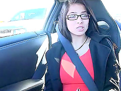 Slim brunette with glasses poses naked in car and at home