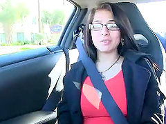 Slim brunette with glasses poses naked in car and at home