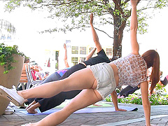 Amateur redhead flashes her natural tits in public