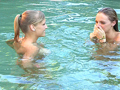 Naughty teen practices her yoga outdoors in the nude then kisses a gal