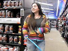 Unripe brunette performs nude hula hoop for a dollar