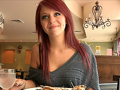 Sitting at a restaurant and flashing her tits in public