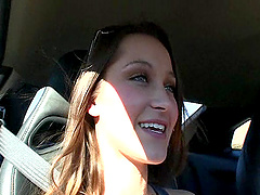 Solo amateur babe Dani in glasses gives brilliant smile while in the car